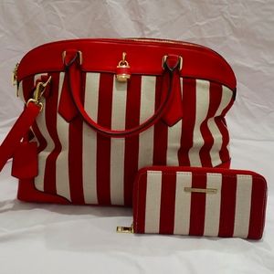 Red and White Stripped Large Satchel with Matching Wallet